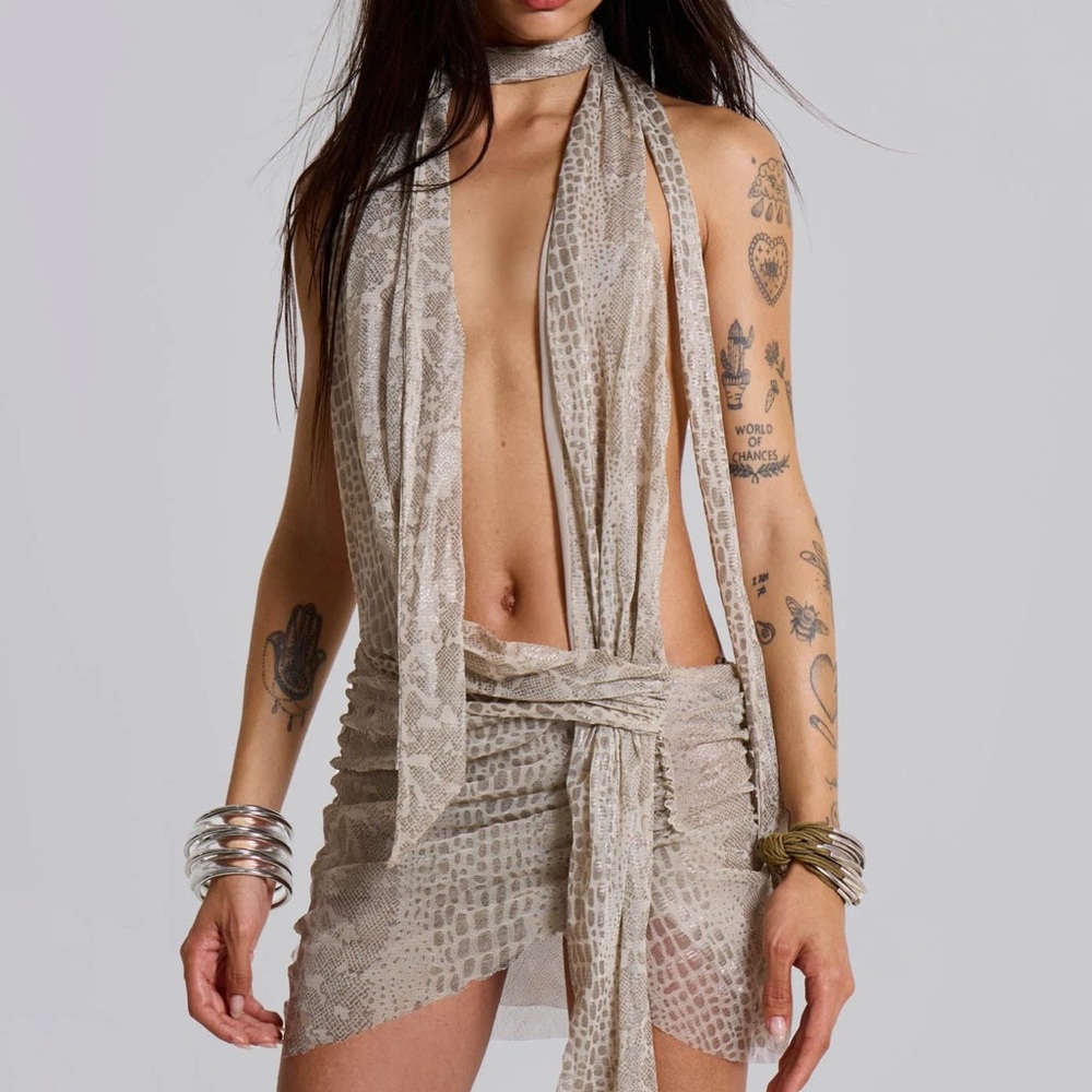 JADED LONDON Spyro Snakeskin Plunge Mini Dress